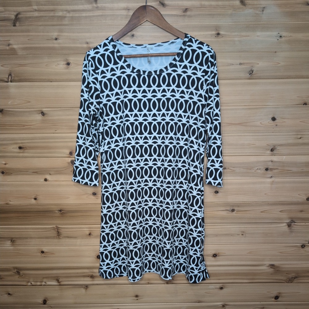 Lulu-B Black White Geometric Link Mini Dress 3/4‎ Sleeve Large
